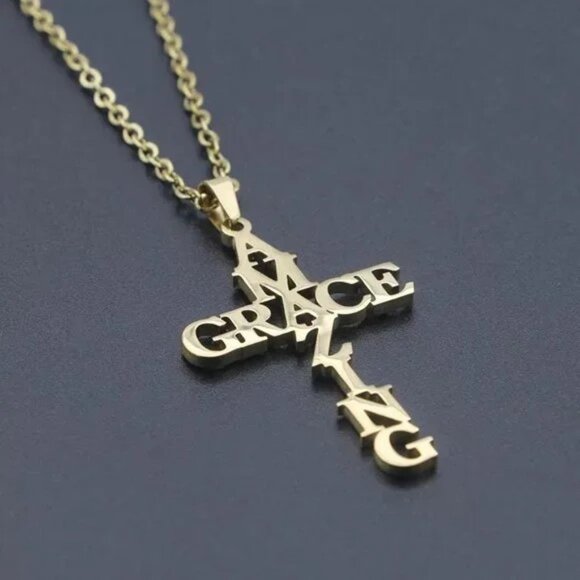 Stainless Steel Amazing Grace Cross Necklace - Gold, Christian Faith, Church - Picture 5 of 11